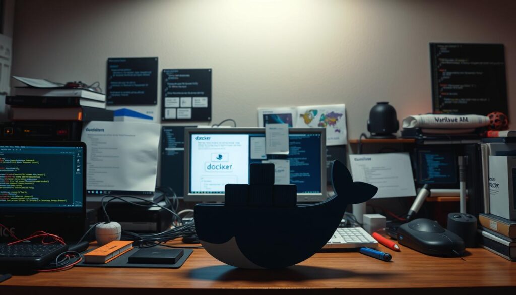 A cluttered desk, adorned with an array of software development tools - Docker containers, command-line interfaces, and code editors. The scene is bathed in a warm, ambient light, casting subtle shadows that highlight the tools' intricate details. In the foreground, a Docker logo stands prominently, symbolizing the central role it plays in the software development workflow. The middle ground features various Docker-related items, such as configuration files, network diagrams, and deployment scripts, showcasing the versatility of the platform. In the background, a minimalist wall serves as a clean canvas, allowing the tools to take center stage and emphasize their importance in the software development process.