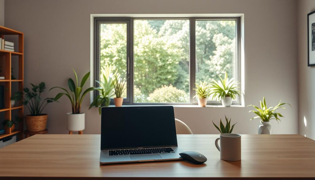 A cozy, well-lit home office with a modern, minimalist setup. On the desk, a sleek laptop, a wireless mouse, and a coffee mug sit neatly arranged. The background features a large, framed window overlooking a lush, verdant garden. Sunlight streams in, casting a warm, natural glow on the scene. The room's walls are painted a soft, calming gray, and a few potted plants add a touch of greenery. The overall atmosphere is one of productivity and focus, perfect for setting up a local development environment.