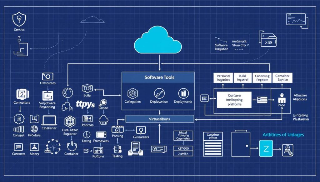 A detailed architectural diagram depicting the key software development tools and their interconnections. In the foreground, various software engineering tools are prominently displayed, such as code editors, version control systems, build automation tools, and testing frameworks. In the middle ground, cloud-based services like continuous integration, deployment, and monitoring platforms are illustrated. The background showcases the underlying infrastructure of containerization and virtualization technologies, including container runtimes, orchestration platforms, and virtual machines. The scene is rendered in a technical, blueprint-like style with clean lines, minimal colors, and an emphasis on functionality over aesthetics, creating a comprehensive, informative visual representation of the software development tools ecosystem.
