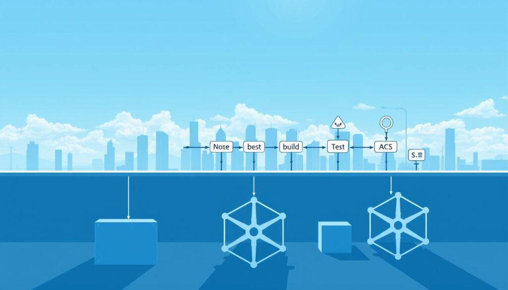 A digital illustration of a Kubernetes DevOps pipeline setup. In the foreground, a Kubernetes cluster with its nodes, pods, and services. In the middle ground, the various stages of the DevOps pipeline - source control, build, test, deploy - connected by arrows and automation tools. In the background, a cityscape with skyscrapers and a cloudy sky, symbolizing the cloud-native infrastructure. The scene is rendered with a clean, minimalist aesthetic, using a cool color palette and sharp, angular shapes to convey the technical nature of the subject. Bright lighting from the top-left creates long shadows, adding depth and emphasizing the three-dimensional structure of the pipeline components.