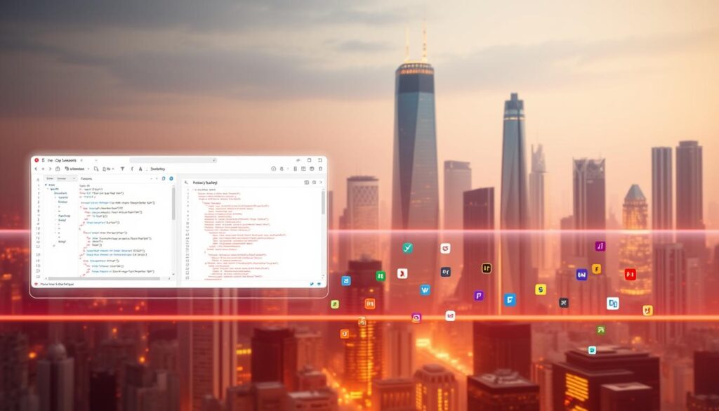 A futuristic code sharing platform, with minimalist UI and smooth hover animations. The foreground features sleek code editor windows, code snippets, and developer collaboration tools. The middle ground showcases various programming languages and frameworks represented by colorful icons. The background depicts a cityscape of towering skyscrapers, with a warm, diffused lighting creating a sense of productivity and innovation. The overall mood is one of technological advancement, ease of collaboration, and the power of shared code to drive software development.