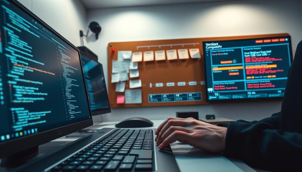A modern software development workspace, illuminated by cool-toned lighting. In the foreground, a developer's hands type on a sleek mechanical keyboard, their screen displaying a version control interface with branches, commits, and merge conflicts. In the middle ground, a corkboard displays post-it notes and diagrams outlining the software architecture and backward compatibility strategies. The background features a large wall-mounted monitor showcasing an interactive timeline of software releases, with version numbers and compatibility notes. The overall scene conveys a methodical, technology-driven approach to managing software versioning and backward compatibility.