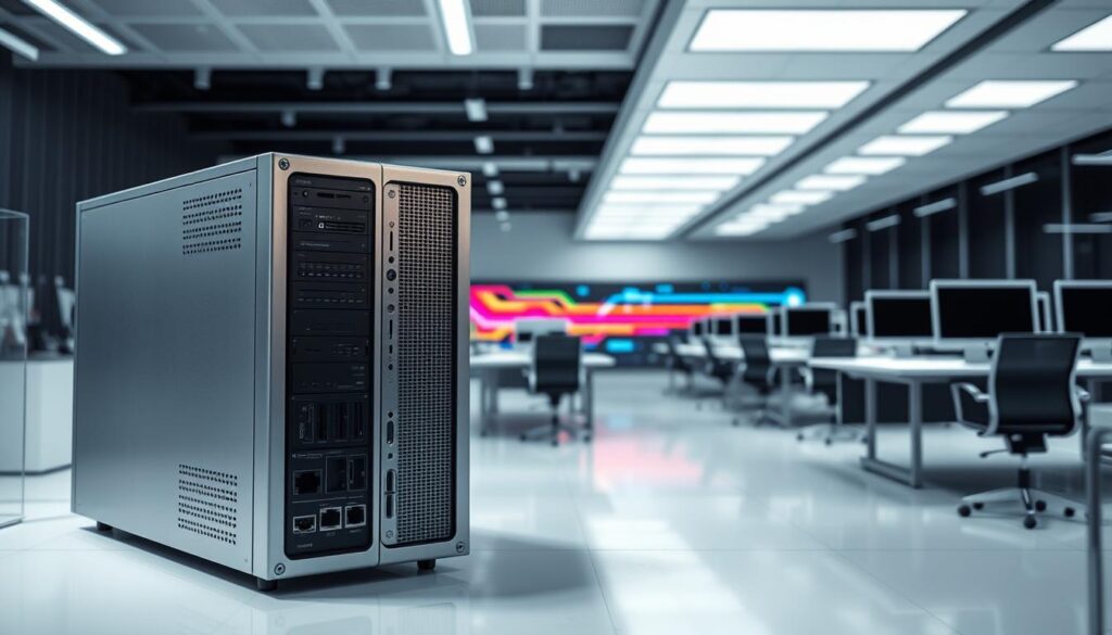 A sleek, modern Jenkins automation server stands prominently in the foreground, its metallic exterior gleaming under crisp, directional lighting. The server's interfaces and ports are clearly visible, hinting at the complex software and infrastructure it controls. In the middle ground, a series of colorful pipelines and build stages unfold, representing the automated development processes the server coordinates. The background is filled with a minimalist workspace, with monochromatic desks, chairs, and computer screens, creating a clean, professional atmosphere that reflects the efficiency and precision of the Jenkins system.