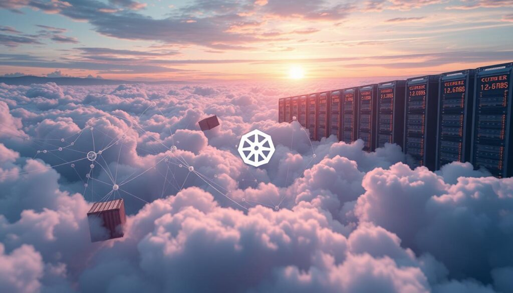 A vast, cloud-like expanse of Kubernetes pods and containers, intricately woven together, floating amidst a serene, ethereal landscape. The foreground showcases diverse microservices, each represented by a distinct container, interconnected by delicate lines and pulses of energy. In the middle ground, a majestic Kubernetes control plane, its interface shimmering with data visualizations, oversees the orchestration of this dynamic, self-healing ecosystem. The background features a horizon line of towering server racks, their LEDs casting a warm, technological glow, symbolizing the infrastructure powering this robust container management system. The scene exudes a sense of balance, scalability, and the seamless integration of microservices within a Kubernetes architecture.
