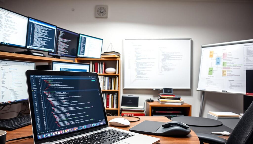 A well-lit workspace with an array of computer monitors displaying various code documentation tools. In the foreground, a laptop is open, showcasing a sleek, modern IDE with syntax highlighting and code folding features. On the desk, a professional programmer's setup includes a mechanical keyboard, a graphics tablet, and a high-resolution display. The middle ground features a bookshelf filled with programming manuals and reference guides. In the background, a large whiteboard displays flowcharts, UML diagrams, and other software design artifacts. The overall atmosphere conveys a sense of productivity, organization, and dedication to code documentation and commenting.