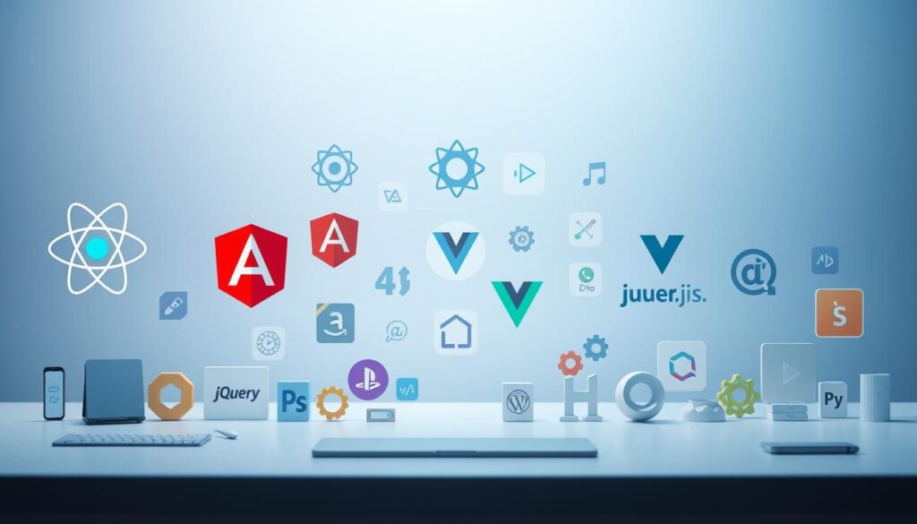 Front-End Development Libraries: A vibrant showcase of modern web technologies. In the foreground, a clean and minimalist workspace with various coding tools and frameworks displayed, including React, Angular, Vue.js, and jQuery. The middle ground features elegant icons and logos floating in a soft, diffused light, representing the interconnectedness of these popular libraries. The background blends a subtle gradient of blues and grays, evoking a sense of digital sophistication. The overall composition conveys the power, flexibility, and collaborative nature of front-end development, captured through a high-resolution, cinematic lens.