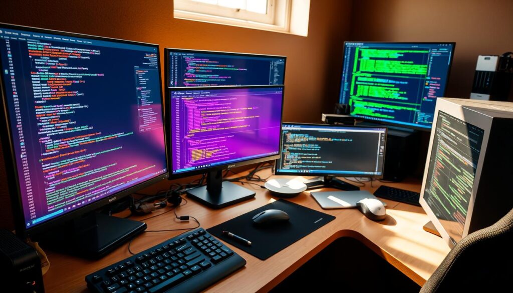 Vibrant software development workspace, sunlit coding environment with an assortment of modern debugging tools. Ergonomic workstation with multiple high-resolution monitors displaying complex code, colorful debugging visualizations, and diagnostic data. Prominent debugger interface, code editor, and terminal windows in the foreground, surrounded by a neatly organized array of hardware peripherals - keyboards, mice, and a powerful desktop computer. Warm, focused lighting casts a productive ambiance, amplifying the attention to detail and problem-solving focus of the scene.