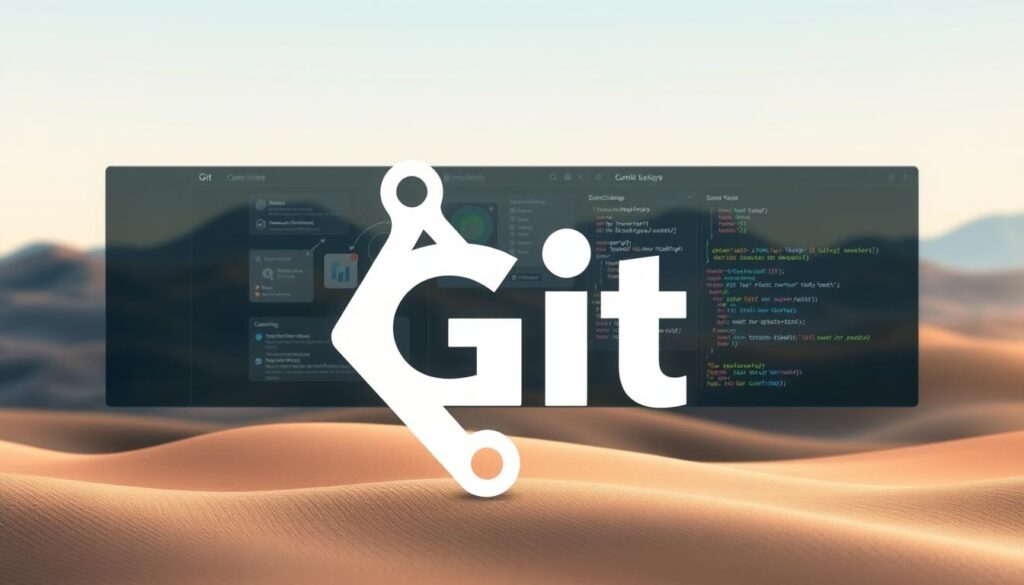 a detailed digital illustration of the Git version control system, featuring a clean and modern design. In the foreground, a sleek, minimalist representation of the Git logo, with its iconic branching structure and bold lettering. In the middle ground, various Git-related elements, such as commit histories, branch merges, and code repositories, are displayed in a visually organized and interactive manner. The background is a serene, gradient-based landscape, with subtle textures and patterns that complement the overall aesthetic. The lighting is soft and diffused, creating a professional and refined atmosphere. The camera angle is positioned to showcase the various Git functionalities in a clear and comprehensive way, emphasizing the system's versatility and efficiency in software development workflows.
