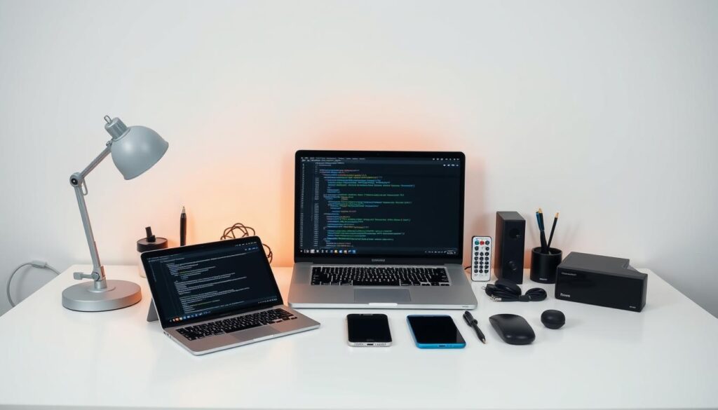 high-quality, detailed photo of a workspace with various mobile app development tools, including a laptop, tablet, smartphone, coding IDE, and other tech accessories, all arranged neatly on a clean, minimalist desk with a warm, soft lighting creating a focused, productive atmosphere, with a plain, uncluttered background to emphasize the tools